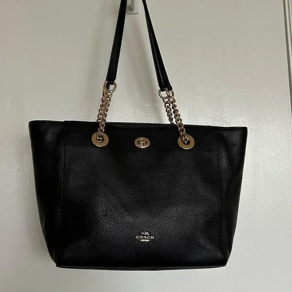 Coach Black Pebbled Leather Tote with Chain Straps - Picture 1 of 12